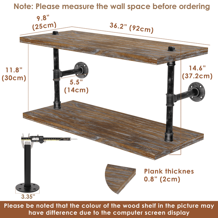 [2 Tier - 36in] - [Rustic Style 2] Industrial Pipe Shelving, Industrial Floating Shelves
