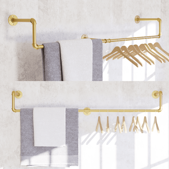 [59in - Gold] Industrial Pipe Clothing Rack, Wall Mounted Clothes Rack