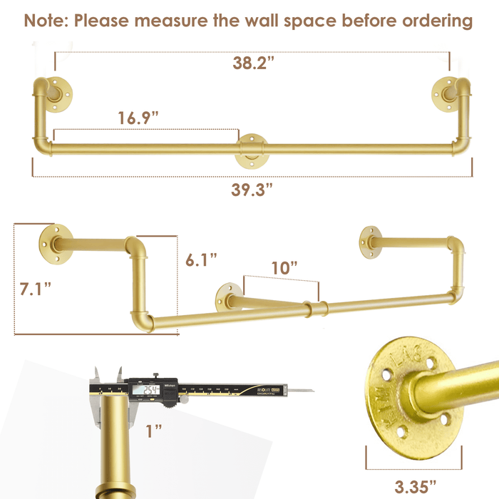 [39in - Gold] Industrial Pipe Clothing Rack, Wall Mounted Clothes Rack