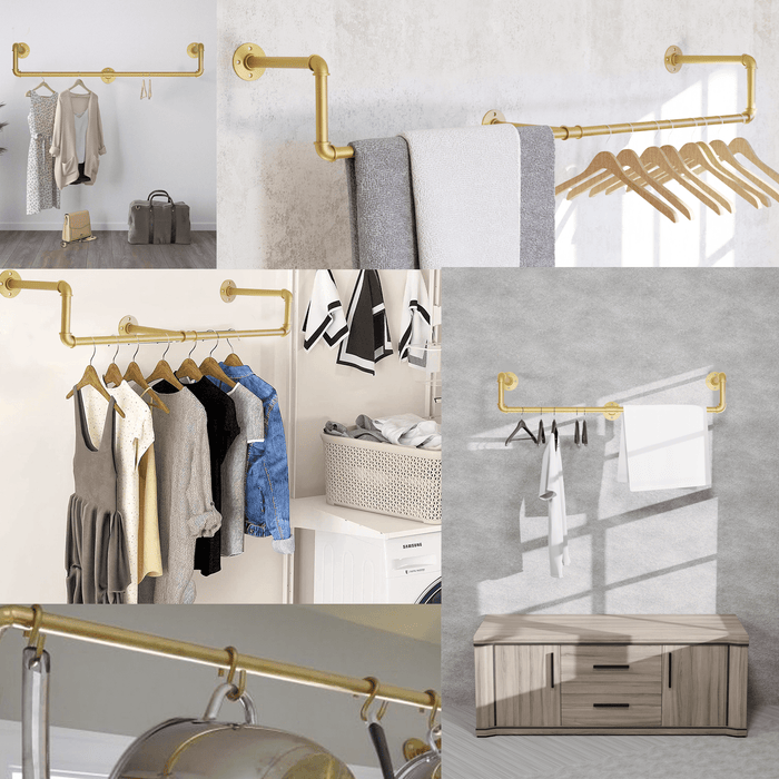 [59in - Gold] Industrial Pipe Clothing Rack, Wall Mounted Clothes Rack