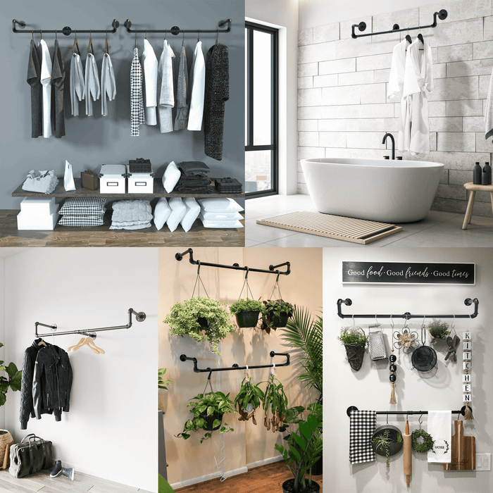 [39in - Black] Industrial Pipe Clothing Rack, Wall Mounted Clothes Rack
