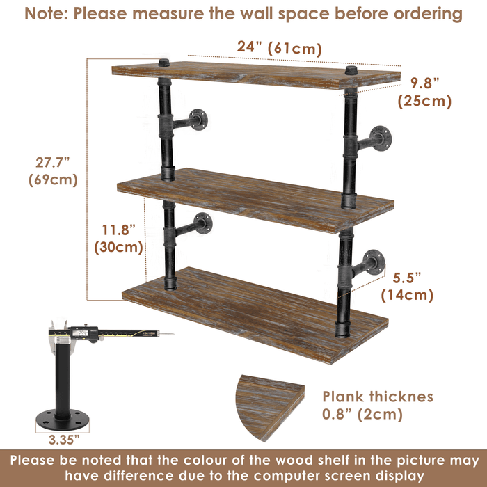 [3 Tier - 24in] - [Rustic Style 2]  Industrial Pipe Shelving, Industrial Floating Shelves