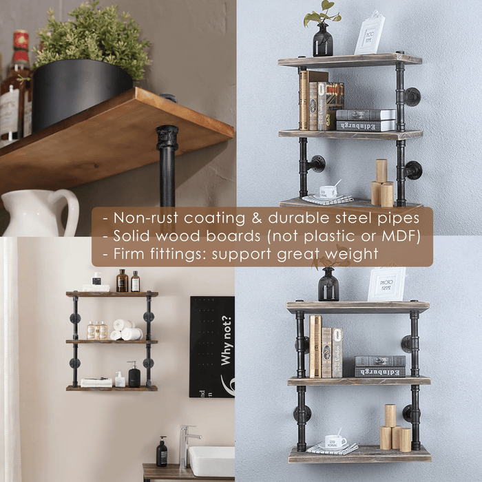 [3 Tier - 24in] - [Rustic Style 2]  Industrial Pipe Shelving, Industrial Floating Shelves