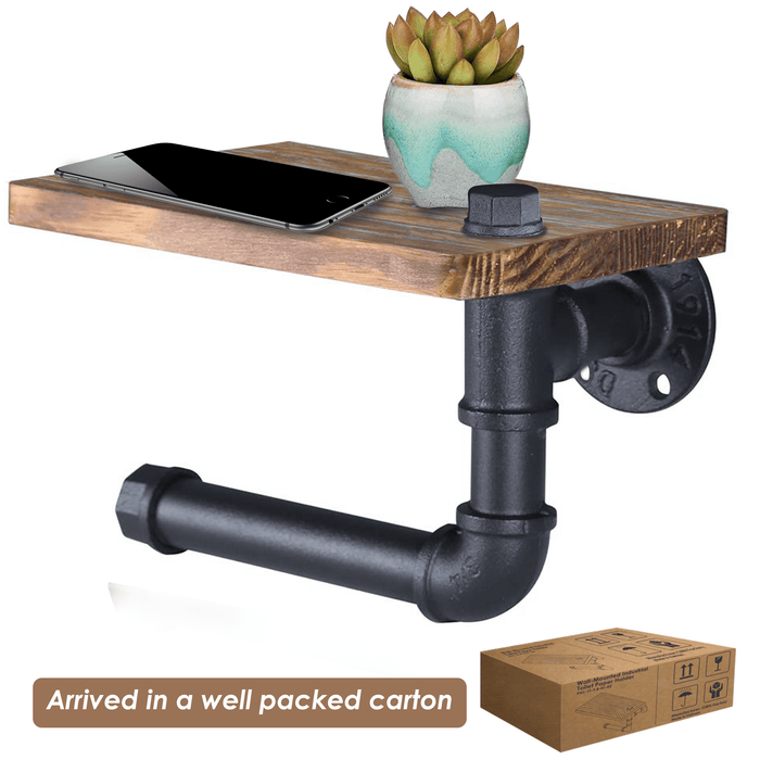 Rustic Industrial Toilet Paper Holder With Shelf, Wall Mounted TP With Shelf,  Bathroom Storage, Bathroom Decor, Pipe Holder, Wood, Shelves 
