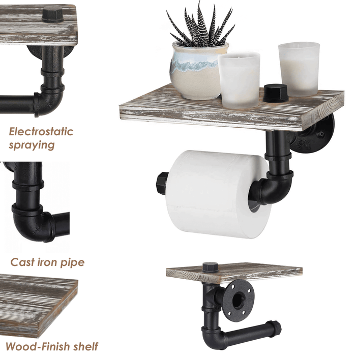 [9.8 in - Rustic White] Industrial Toilet Paper Holder with Shelf, Wall Mount Toilet Paper Holder