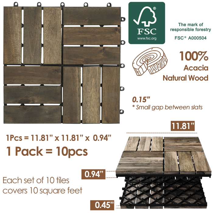 Hardwood Interlocking Patio Deck Tiles - Easy to Install Outdoor/Indoor Acacia Flooring for Patio, Deck, and Balcony - 12" x 12" (Pack of 10, 4-Square, Espresso) - All Weather Resistant & Waterproof