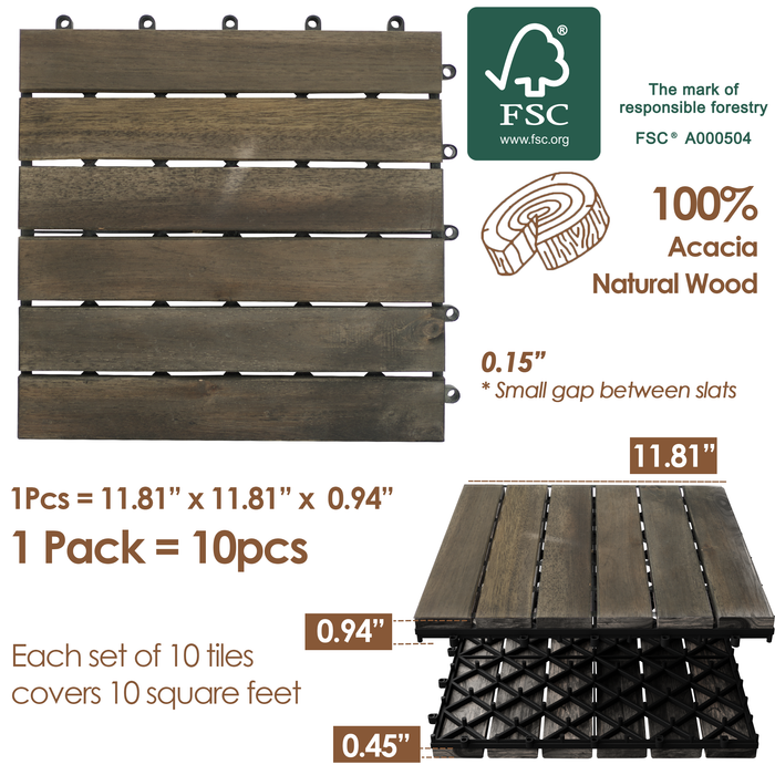 Hardwood Interlocking Patio Deck Tiles - Easy to Install Outdoor/Indoor Acacia Flooring for Patio, Deck, and Balcony - 12" x 12" (Pack of 10 - Stripe, Espresso) - All Weather Resistant & Waterproof