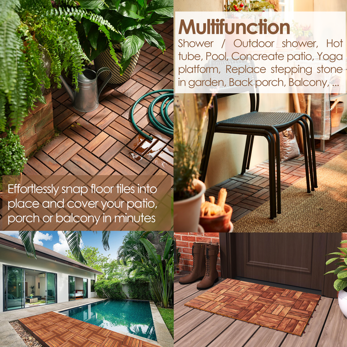 Hardwood Interlocking Patio Deck Tiles - Easy to Install Outdoor/Indoor Acacia Flooring for Patio, Deck, and Balcony - 12" x 12" (Pack of 10, 4-Square, Red Brown) - All Weather Resistant & Waterproof