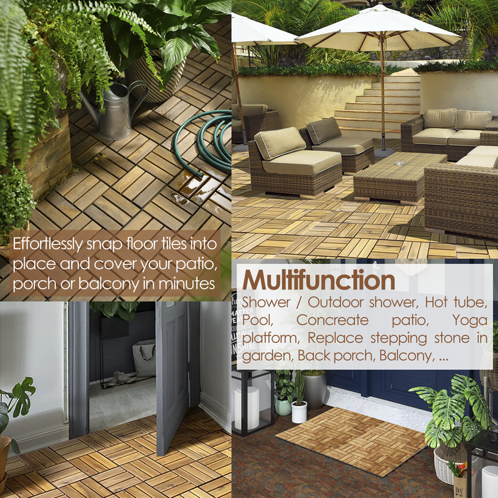 Hardwood Interlocking Patio Deck Tiles - Easy to Install Outdoor/Indoor Acacia Flooring for Patio, Deck, and Balcony - 12" x 12" (Pack of 10, 4-Square, Nature) - All Weather Resistant & Waterproof