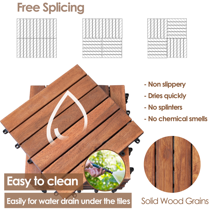Hardwood Interlocking Patio Deck Tiles - Easy to Install Outdoor/Indoor Acacia Flooring for Patio, Deck, and Balcony - 12" x 12" (Pack of 10 - Stripe, Red Brown) - All Weather Resistant & Waterproof