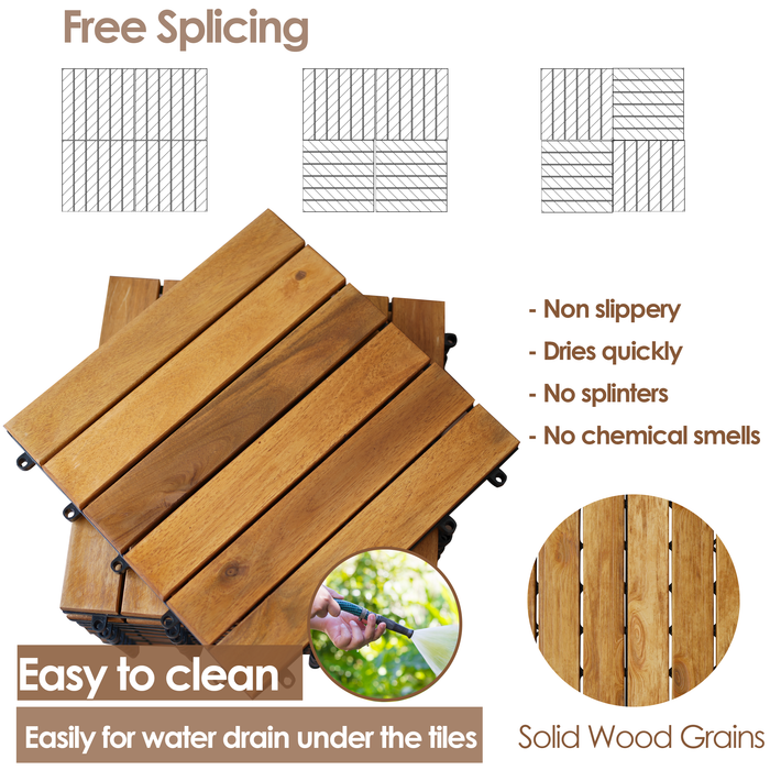 Hardwood Interlocking Patio Deck Tiles - Easy to Install Outdoor/Indoor Acacia Flooring for Patio, Deck, and Balcony - 12" x 12" (Pack of 10 - Stripe, Nature) - All Weather Resistant & Waterproof