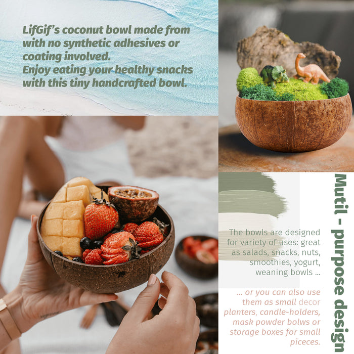Lifgif Coconut Bowls with Wooden Spoons and Forks - Set of 4 - For Breakfast Salad, Smoothie Bowls, Buddha Bowls & Wood Acai Bowls Set - Wooden Salad Bowls - Vegan Coconut Shell Bowls