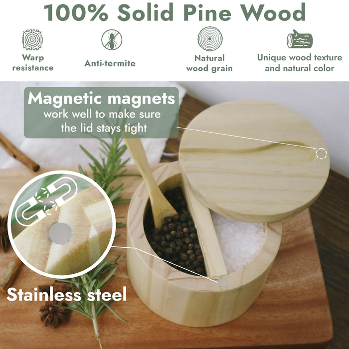 Lifgif Pine Wooden Salt Box - Salt And Pepper Bowls with Built-in Spoon - Salt Holder with Magnetic Swivel Lid, 2-Compartments Container - White