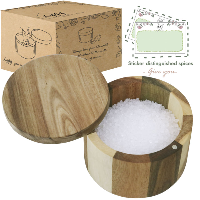 Lifgif Emotional Touch Lifgif Acacia Wooden Salt Box - Salt And Pepper Bowls with Magnetic Swivel Lid - Storage, Decor and Salt Holder - 4 x 4 x 2.7 inches