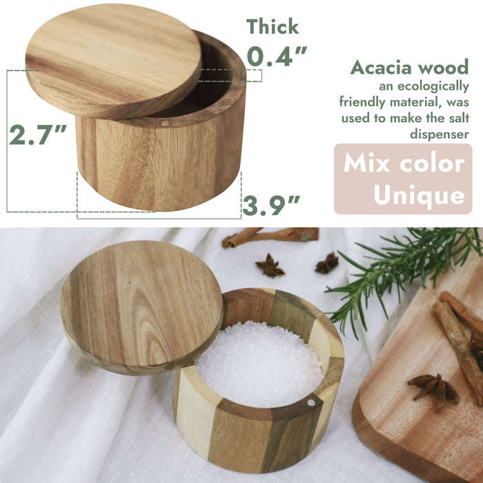Lifgif Emotional Touch Lifgif Acacia Wooden Salt Box - Salt And Pepper Bowls with Magnetic Swivel Lid - Storage, Decor and Salt Holder - 4 x 4 x 2.7 inches