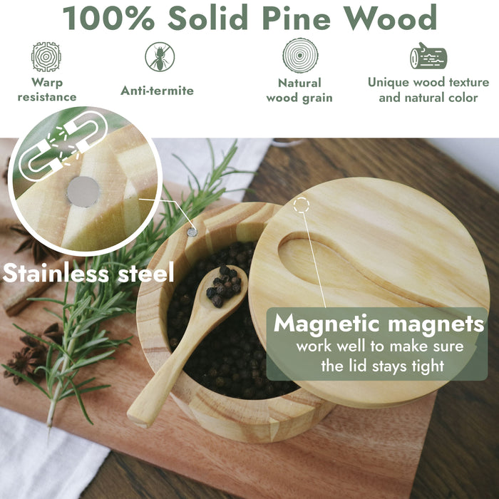 Lifgif Pine Wooden Salt Box - Set of 2 Salt And Pepper Bowls with Built-in Spoon - Salt Holder with Magnetic Swivel Lid - Storage, Decor and Salt Holder - White