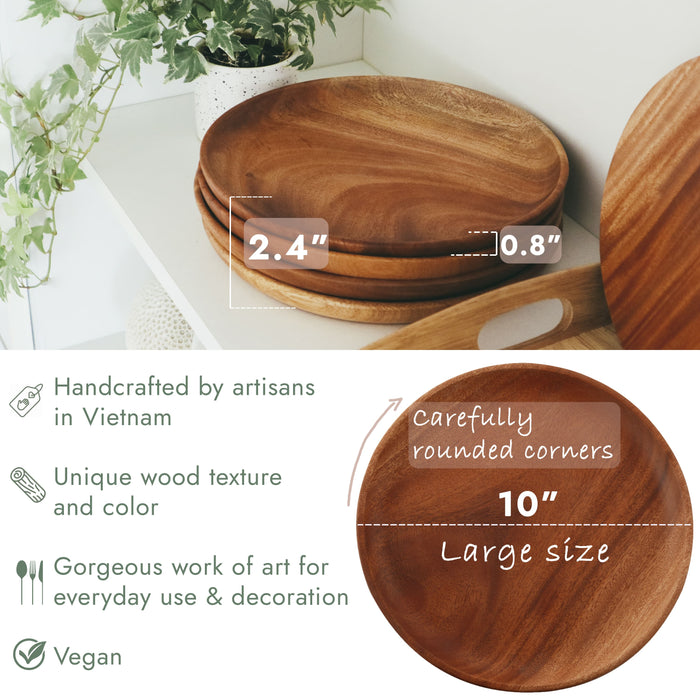 Lifgif Khaya Wood Dinner Plates - Dishes set of 4 - 10 Inch Rustic Round Wooden Plates for Eating Salad, Steak, Dessert - Wooden Platter, Serving Plates - Easy Cleaning Classic Charger Plates