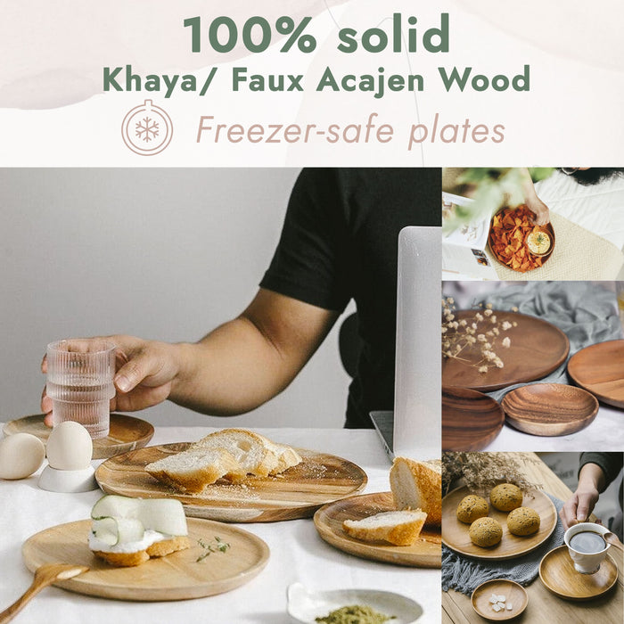 Lifgif Khaya Wood Dinner Plates - Dishes set of 6 - Multisize Rustic Round Wooden Plates for Eating Salad, Steak, Dessert - Wooden Platter, Serving Plates - Easy Cleaning Classic Charger Plates