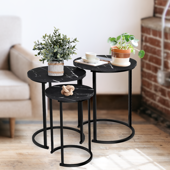 (Faux-marble/ black) Nesting Tables Set of 3, Nesting Tables, Round Coffee Tables Living Room, Small Side Table for Small Spaces